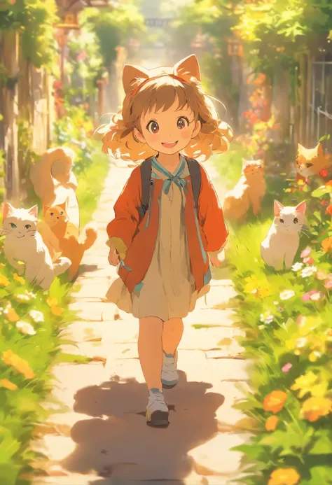 5-year-old girl facing the camera,ssmile, Walk on the garden path, A round-eyed cat followed.