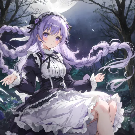 Anime girl: Lavender hair, ankle-length, intricate braided hairstyle, Gothic Lolita fashion, moonlit forest, ethereal floating pose.