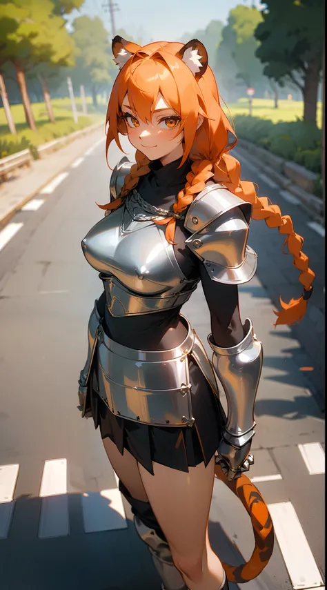 1girl,30s,tall,mature female,tiger tail,tiger ears,(twin braids:1.2),orange hair,solo,(templar silver knight outfit,knight,golden long chainmail skirt),happy face,smile,closed mouth,teeth,((standing in a road)),medium breasts,large thighs,hd,masterpiece,8k...