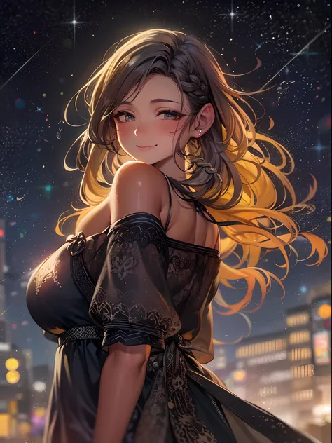 Woman posing under the stars in orange dress, Best Quality, 1 Adult sister, large full breasts, day, Bright, blur backgroun, Bokeh, plein air, (Street:0.8), (People, Crowds:0.8), (Off shoulder dress:1.2), Gorgeous, (Braided bangs:1.2), Beautiful detailed s...