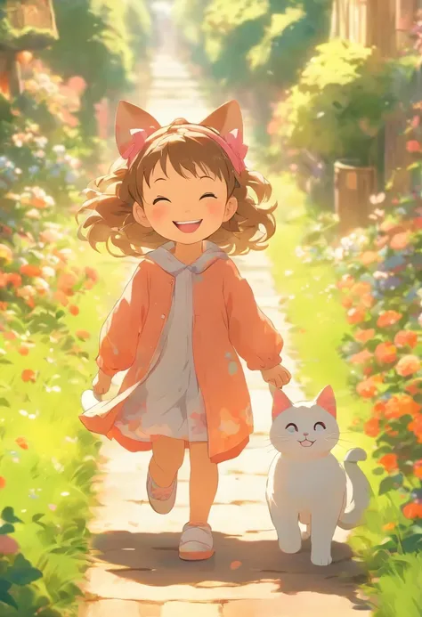 5-year-old girl is smiling, walking on the garden path, A round-eyed cat followed.