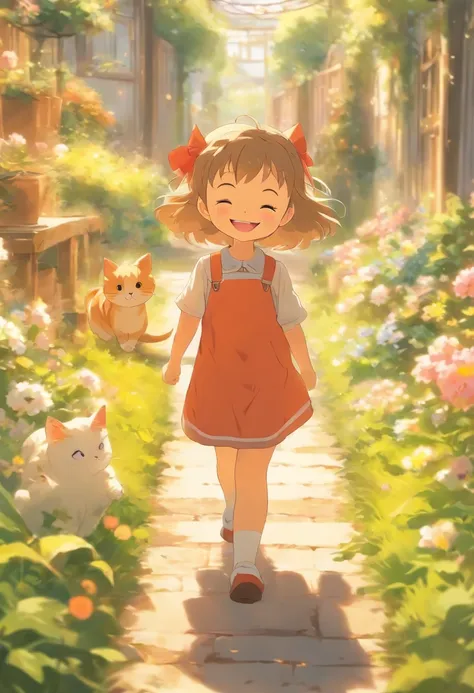 5-year-old girl is smiling, walking on the garden path, A round-eyed cat followed.