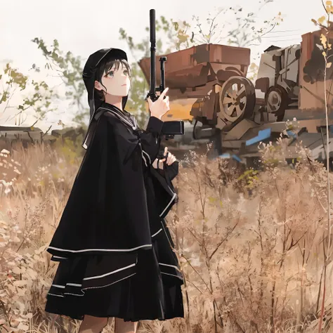 there is a woman in a black cape holding a gun, black traveling cloak, classical witch robe, classical witch, with a long black cape, anime girl cosplay, wearing black clothes and cape, detailed gothic cloak, hanfu, black gothic lolita dress, black round h...