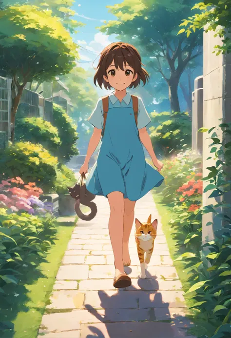 5-year-old girl is smiling, walking on the garden path, A round-eyed cat followed.