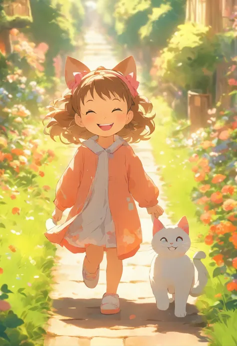 5-year-old girl is smiling, walking on the garden path, A round-eyed cat followed.