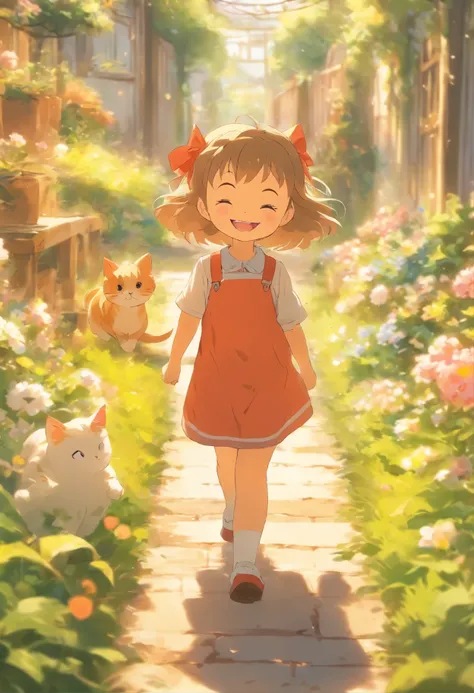 5-year-old girl is smiling, walking on the garden path, A round-eyed cat followed.