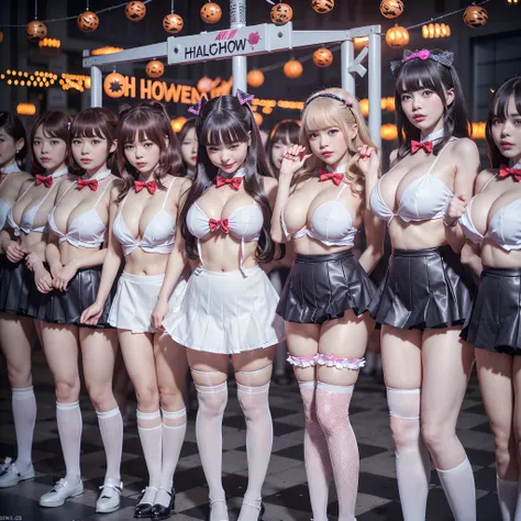 (((12 Tiny Girls in a row:1.37, Shibuya Hachiko-mae scramble crossing on Halloween:1.2))), (masterpiece:1.2, best quality, photorealistic:1.37), {(Standing Full Body:1.2)|(from below:1.2)}, short silver hair, {(naked bandage)|tutu|School Uniform}, (Detaile...