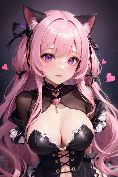 striated hair,Pink twin-tailed hair,   Mole under the eyes, mole under mouth, Heart-shaped pupil, longeyelashes, Pink eyes, Heart-shaped choker、full body Esbian、gazing at viewer、Shy, blush, nose blush,Anime style, Color Field Painting, Ray tracing, bloom, ...