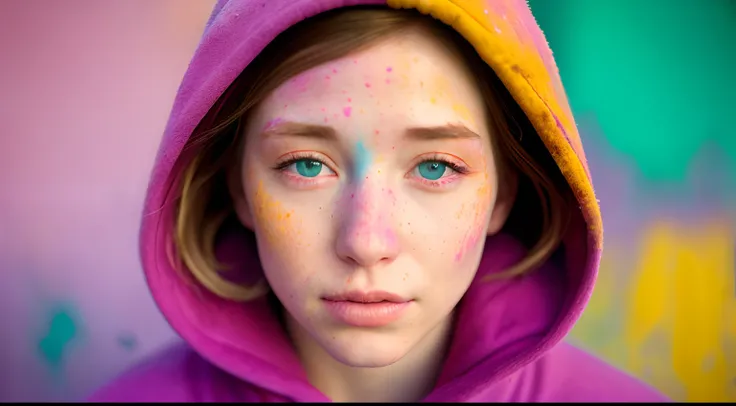 beautiful American college woman, wearing hoodie, looking at viewer, holi color festival, portrait, hyper detailed  POV, by lee jeffries, nikon d850, film stock photograph ,4 kodak portra 400 ,camera f1.6 lens ,rich colors ,hyper realistic ,lifelike textur...