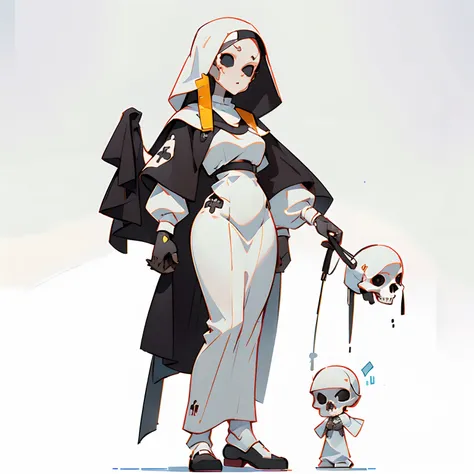 masutepiece, sophisticated details, Best Quality, 4K, 超A high resolution, High resolution, Ultra HD, ((Full body shot)), No background, White background, Praying Nun, Female, Skull Woman, Nun, chibi, black costume