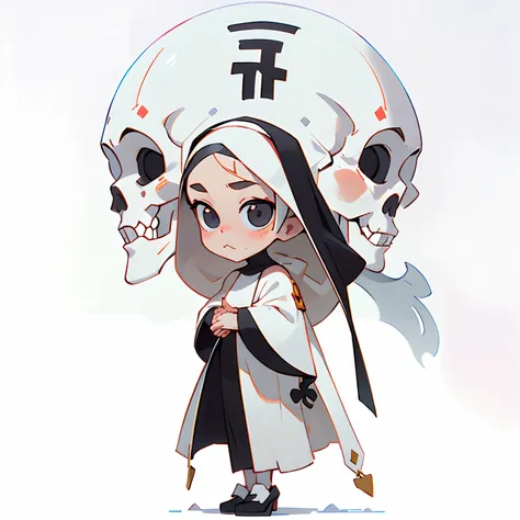 masutepiece, sophisticated details, Best Quality, 4K, 超A high resolution, High resolution, Ultra HD, ((Full body shot)), No background, White background, Praying Nun, Female, Skull Woman, Nun, chibi, black costume