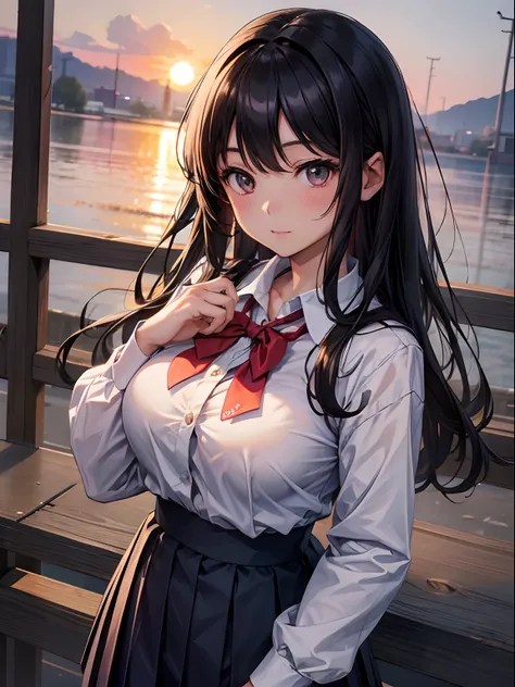 hi-school girl,校服、the setting sun、large full breasts,A dark-haired、Long hair