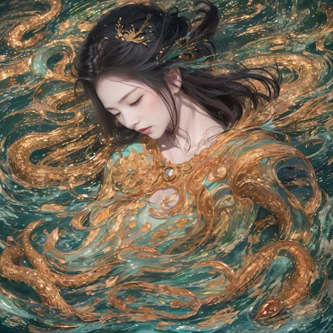 32K transparent，Close-up of the back behind（tmasterpiece，k hd，hyper HD，32K）Gold silk python pattern，flowing dark hair，I opened my eyes，Look at the water trails on the ground，muttering。 Thats what I did？Thats amazing。 aaaaaaaaaax~ Kushina held her head and ...