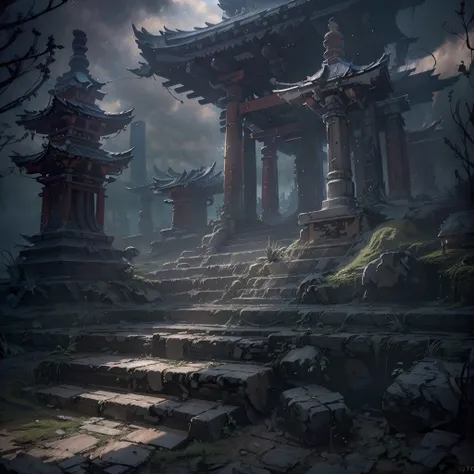 Japanese shrine in ruines, forest, stairs, columns, cinematic, detailed, atmospheric, epic, concept art, Matte painting, background, mist, photo-realistic, concept art, volumetric light, cinematic epic + rule of thirds octane render, 8k, corona render, mov...