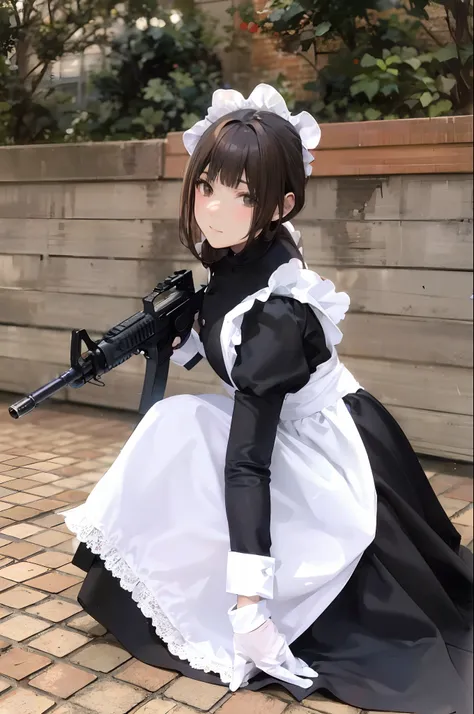 a close up of a woman in a maid outfit holding a gun, (brown hair:1.3), long hair, anime girl in a maid costume, cosplay of a catboy! maid! dress, anime girl cosplay, anime cosplay, maid outfit, full-cosplay, gorgeous maid, cosplay, anime maid  ss military...