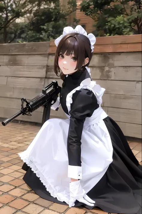 a close up of a woman in a maid outfit holding a gun, (brown hair:1.3), long hair, anime girl in a maid costume, cosplay of a catboy! maid! dress, anime girl cosplay, anime cosplay, maid outfit, full-cosplay, gorgeous maid, cosplay, anime maid  ss military...