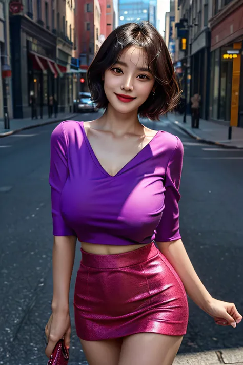 (1 Ultimate Beautiful Mature Woman), hyperdetailed face, A detailed eye, Double eyelids, Detail Lip, short-haired black-haired, (Light purple fancy blouse:1.2), (Red tight mini skirt:1.2), Light pink panties, (Colossal tits:1.3), lightsmile, Cowboy Shot, t...