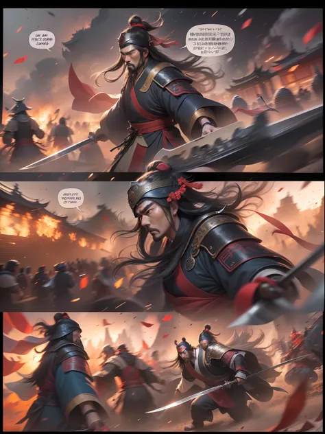 [illustratio，story split-shots]comic page，there are multiple screens on one page: chinese male warriors of the qin dynasty, a co...