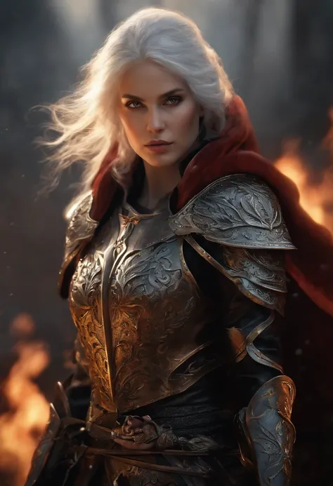 ((super fine illustration, 8k, Masterpiece :1.2, Sharp focus :1.2, depth of field:1.2)), Beautiful swordswoman, absurdity, Highly detailed face and skin texture, silver hair, jet-black armor, flame armor, cloak wrapped in flames, sword wrapped in flames, f...