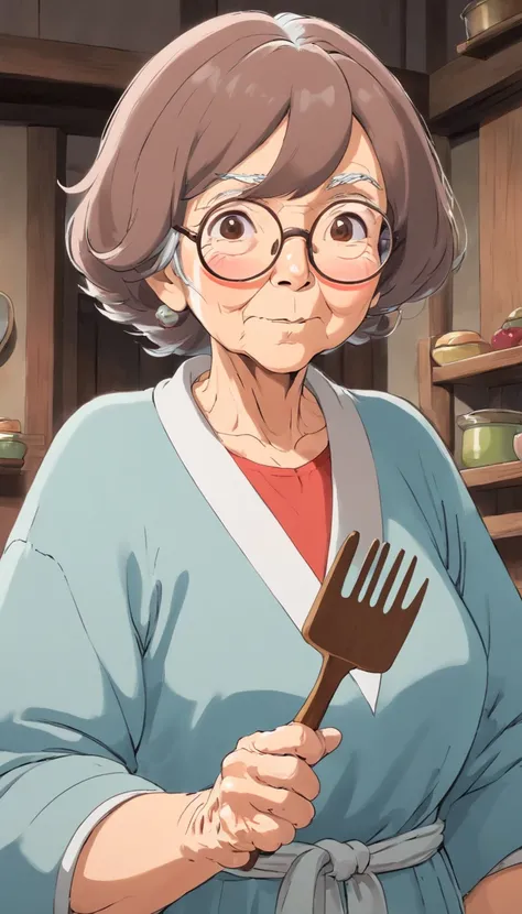 curvy Old woman,brown hair,aunt look,front view,holding spatula,strict face.