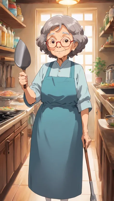 curvy Old woman,brown hair,aunt look,front view,holding spatula,strict face.