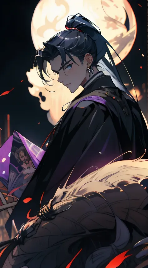 A man held out his hands，Black eyes，Clear eyes，Cold，Strong，Long black hair and high ponytail，Purple-black robe，Bamboo pattern，rays of moonlight