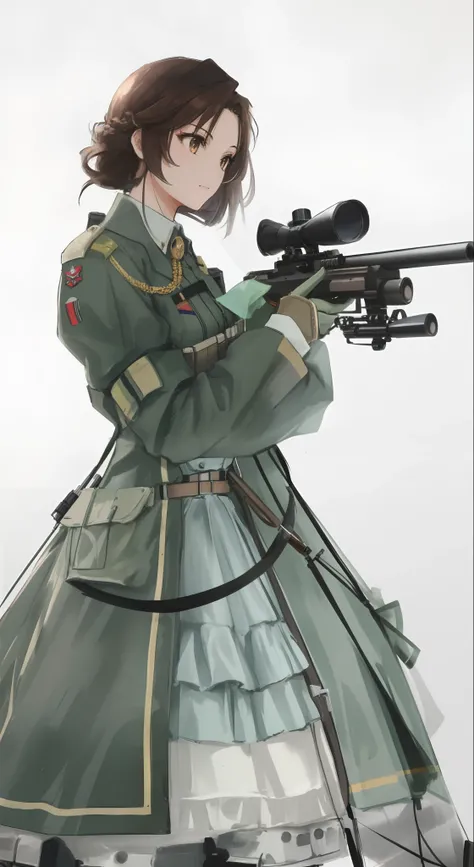 a close up of a woman in a dress holding a rifle, (brown hair:1.3), long hair, with rifle, dieselpunk soldier girl, cosplay, in full military garb, military outfit, of a sniper girl in war, shooting pose, waist - shot, anime cosplay, mechanized soldier gir...