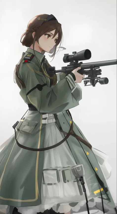 a close up of a woman in a dress holding a rifle, (brown hair:1.3), long hair, with rifle, dieselpunk soldier girl, cosplay, in full military garb, military outfit, of a sniper girl in war, shooting pose, waist - shot, anime cosplay, mechanized soldier gir...