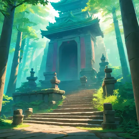 Japanese shrine in ruines, forest, 1 deer on stairs, columns, cinematic, detailed, atmospheric, epic, concept art, Matte painting, background, mist, photo-realistic, concept art, volumetric light, cinematic epic + rule of thirds octane render, 8k, corona r...