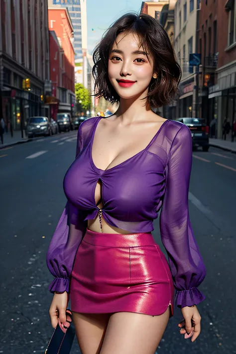 (1 Ultimate Beautiful Mature Woman), hyperdetailed face, A detailed eye, Double eyelids, Detail Lip, short-haired black-haired, (Light purple fancy blouse:1.2), (Red tight mini skirt:1.2), Light pink panties, (Colossal tits:1.3), lightsmile, Cowboy Shot, t...