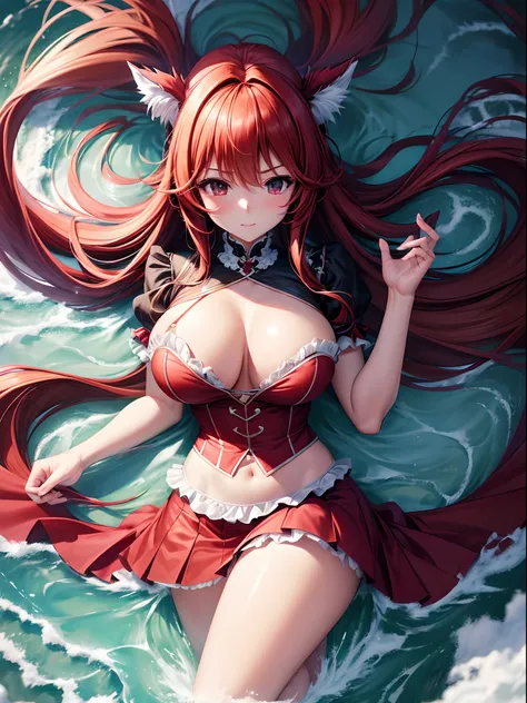 8K-quality、Photorealsitic、8K picture quality、hight resolution、Rias gremory、28 years old、big butt、Large breasts, skirt frills from、Half-taken clothes、Unbuttoned exposed breasts,