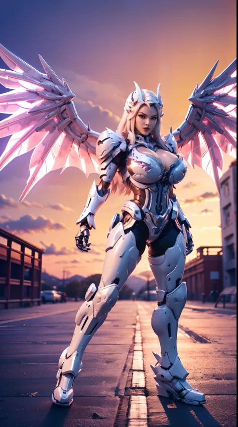 (DRAGON HEAD), HUGE FAKE BOOBS, (BEAUTIFUL FACE), (WHITE HAIR), (PURPLE:1.2, WHITE:0.8, RGB:1), (MECHA ARMORED GEAR), (((A PAIR OF HUGE MECHANICAL WINGS SPREAD OUT))), FUTURISTIC DRAGON MECHA SUIT, (CLEAVAGE), (SKINTIGHT YOGA PANTS), (PERFECT BODY:1.2), (F...