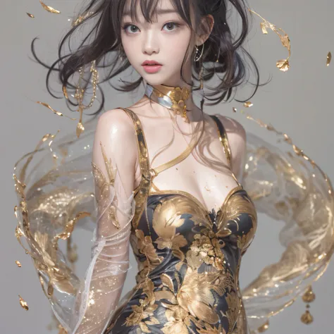 32K transparent，Close-up of the back behind（tmasterpiece，k hd，hyper HD，32K）Gold silk python pattern，flowing dark hair，156 cm 42 kg 72.58.83 The beautiful slim girl is coming！
After all，I like to be slim，I love this childs body。The face is charming，The clot...