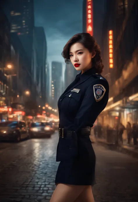 Solo, (Police uniform, Policewoman), Stockings, City lights, (Looking at the audience: 1.3), Lips apart, Red lips, Shiny skin, dent in the skin, Best quality, 超高分辨率, (Realism: 1.4),