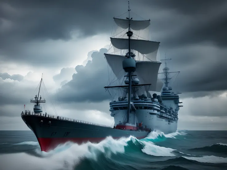 Crie uma imagem futurista de oceano com navio militar no orizonte.Highlight colors, 8K lighting with clouds and storm