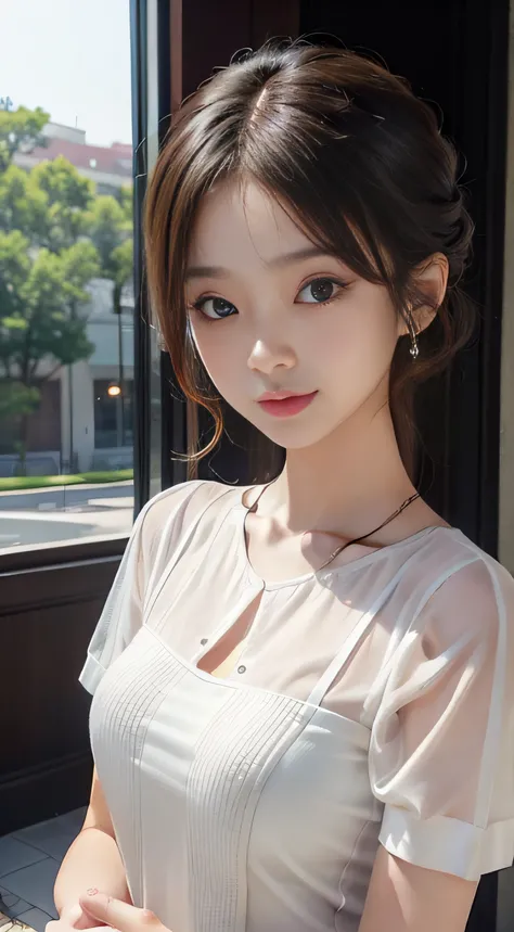 ​masterpiece、Top image quality:1.2、((beautiful young woman with))、Transparent skin:1.2、{A slight smil}、(kawaii)、Short sleeve knit、luxury hotel、depth of fields、Sharp Focus、Fine details、Sheer clothes