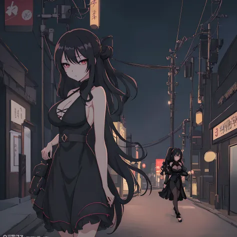 anime girl in a black dress walking down a street at night, an album cover by Yang J, pixiv, shin hanga, seductive anime girl, anime style 4 k, anime moe artstyle, badass anime 8 k, anime girl wearing a black dress, high detailed official artwork, official...