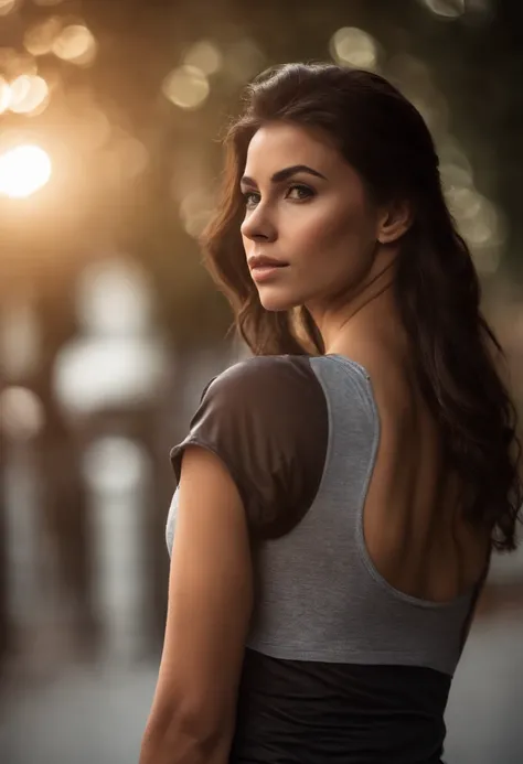 (Close-up, 20yr old，Female brunette hair，Back line，Arm raised，Sports short-sleeved clothes), （（Only the back is visible））,Ultra photo realsisim ,Lifelike texture, Dramatic lighting , cine still 800