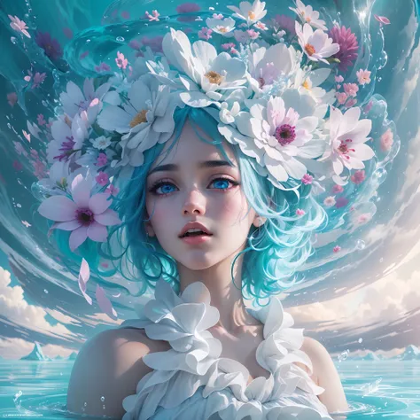 absurderes, A high resolution, (offcial art, Beautiful and aesthetic:1.2), (Near vision:1.15), (1girll, Blue hair, Medium hair, Blue eyes, Bright eyes, Long white dress, Blue ruffles,:1.2) Blue sky, Sparkling Milky Way, (Salar de Uyuni:1.2), (Fractal art:0...