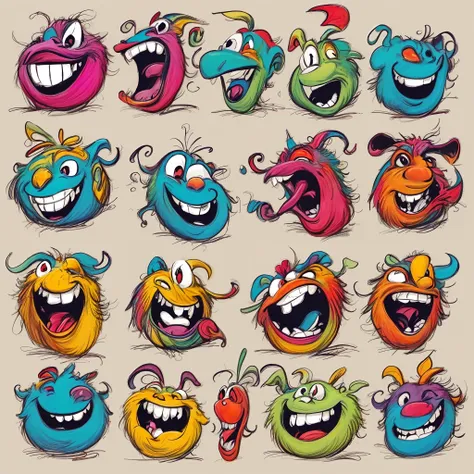 a set of cartoon monsters with different expressions, colorful character faces, funny faces, various emotions, monster character...