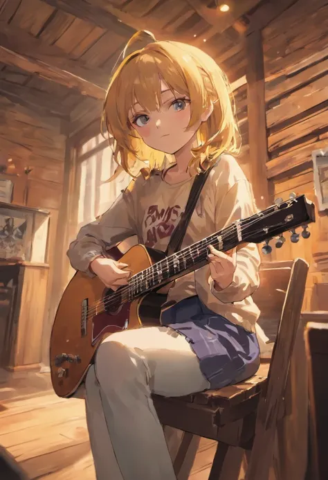 young hillbilly lady playing guitar sitting on a wooden chair