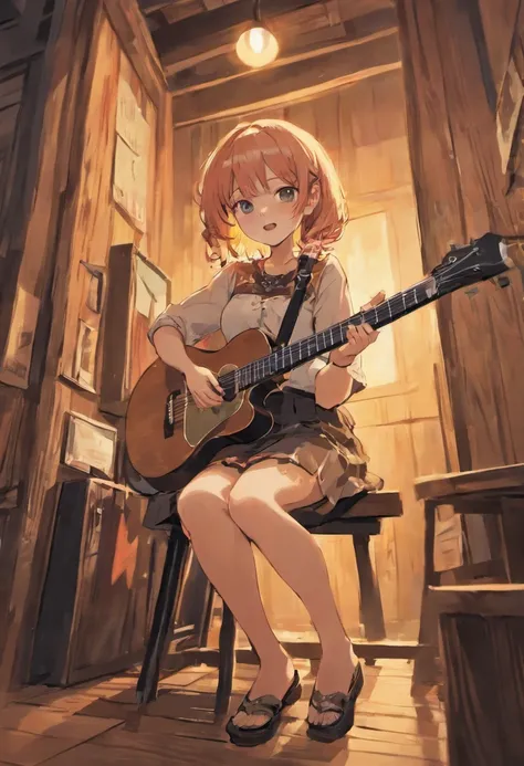 young hillbilly lady playing guitar sitting on a wooden chair