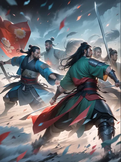 [illustratio，story split-shots]comic page，there are multiple screens on one page: chinese male warriors of the qin dynasty, a co...