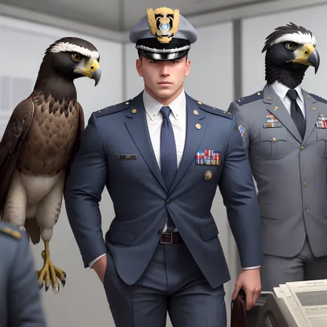 A military muscled in suit with a tie , with a human body and a falcons head