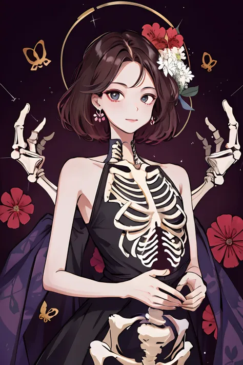 girl wearing dress with a skeleton pattern, surreal background