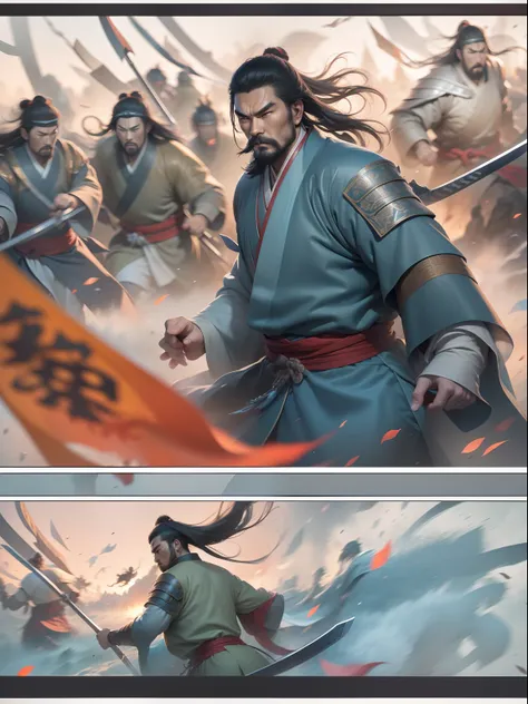 [illustratio，story split-shots]comic page，there are multiple screens on one page: chinese male warriors of the qin dynasty, a co...