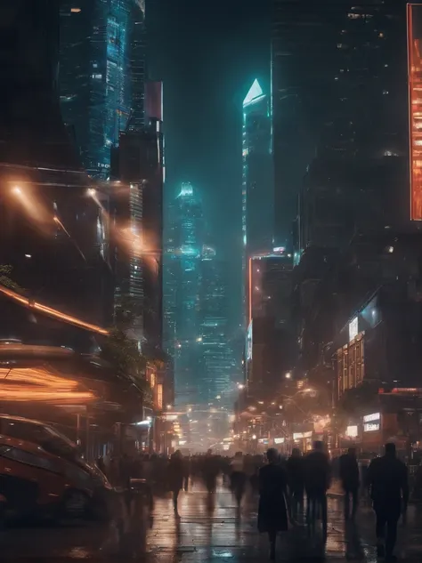 (A high resolution,Best quality,Ultra-detailed,Realistic:1.37),Futuristic city landscape,Neon lights,shiny reflective surfaces,Glass skyscraper,Hover vehicle,Fly drones,Crowded streets,Illuminated advertising,cyberpunk atmosphere,Technological progress,Col...