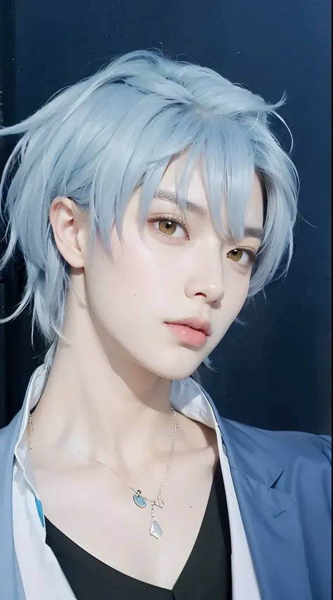 Real life adaption of this character, korean teen handsome face, yellow eyes, looking to viewer,realistic blue long Messy hair, realistic outfit, realistic background, hyper realistic, realistic light, realistic shadow, realism,(photorealistic:1.2),cool ex...