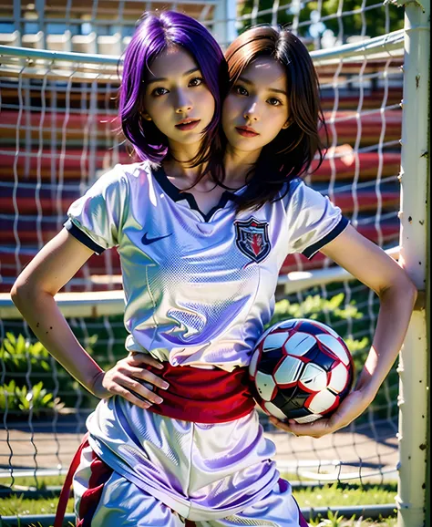 best resolution, girl with two heads, different hair colors, purple hair, brown hair, soccer uniform, holding soccerball, soccer goalpost background