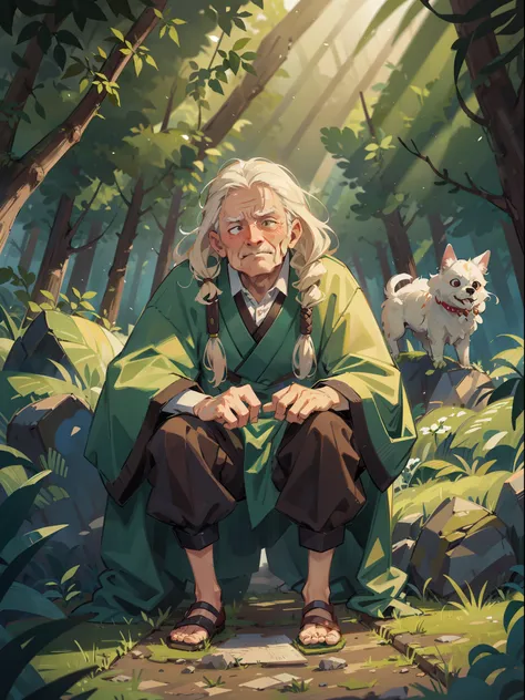 An elderly man, Kneel on the ground in the forest, wearing a hanfu, He was followed by a dog, Curly hair, Chiaroscuro, vanishing point, hyper HD, Best quality, A high resolution, 1080p, ccurate